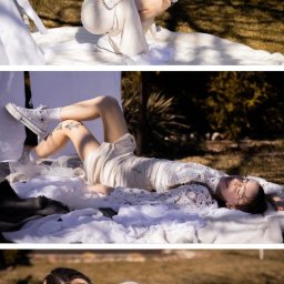 Spizoczko - Kolaż trzech ujęć: młoda kobieta w białym stroju pozuje na pikniku w plenerze. Różne pozy, uśmiech, naturalne światło, tort z czerwonymi owocami w dolnym kadrze.