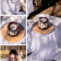 Spizoczko - Kolaż zdjęć z sesji urodzinowej: młoda kobieta w białym stroju i tort z numerem 20 na tle trawy i białej tkaniny. Elementy sesji w plenerze.