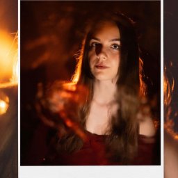 Spizoczko - Portret kobiety w czerwonej sukience, ujęty w ramkę polaroid z napisem 'You're wonderful', z ciepłym, rozmytym oświetleniem i ciemnym tłem.