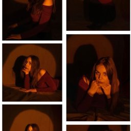 Spizoczko - Kolaż sześciu portretów kobiety w czerwonej bluzce, oświetlonych ciepłym, punktowym światłem, tworzącym dramatyczne cienie na ścianie w tle. Różne pozy i ujęcia.