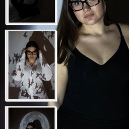 Spizoczko - Kobieta w okularach prezentuje kolaż zdjęć z efektami świetlnymi: księżyc i ptaki. Artystyczna kompozycja w ciemnej tonacji, nietypowe oświetlenie.