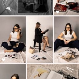 Spizoczko - Kolaż z sesji zdjęciowej: kobieta w okularach pozuje z magazynami modowymi na białym tle, w różnych ujęciach i stylizacjach. Widoczne magazyny Vogue.