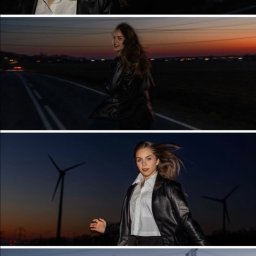 Spizoczko - Cztery kadry z sesji portretowej młodej kobiety w czarnej kurtce na tle wieczornego krajobrazu z wiatrakami i liniami energetycznymi. Dynamiczne ujęcia z rozwianymi włosami.