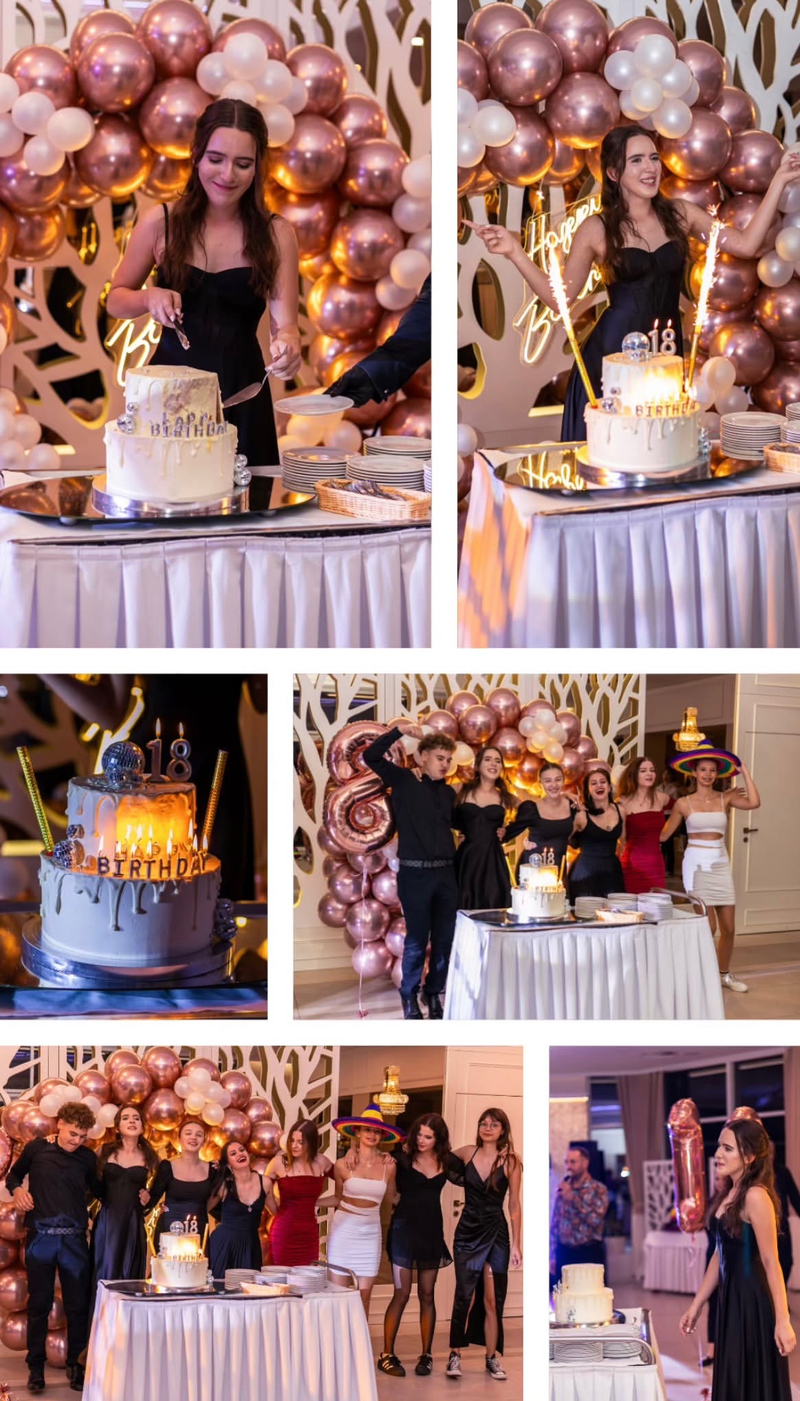 Uroczystość osiemnastych urodzin: kolaż zdjęć z tortem, dekoracjami balonowymi w odcieniach różu i białego, oraz grupą młodych ludzi świętujących.