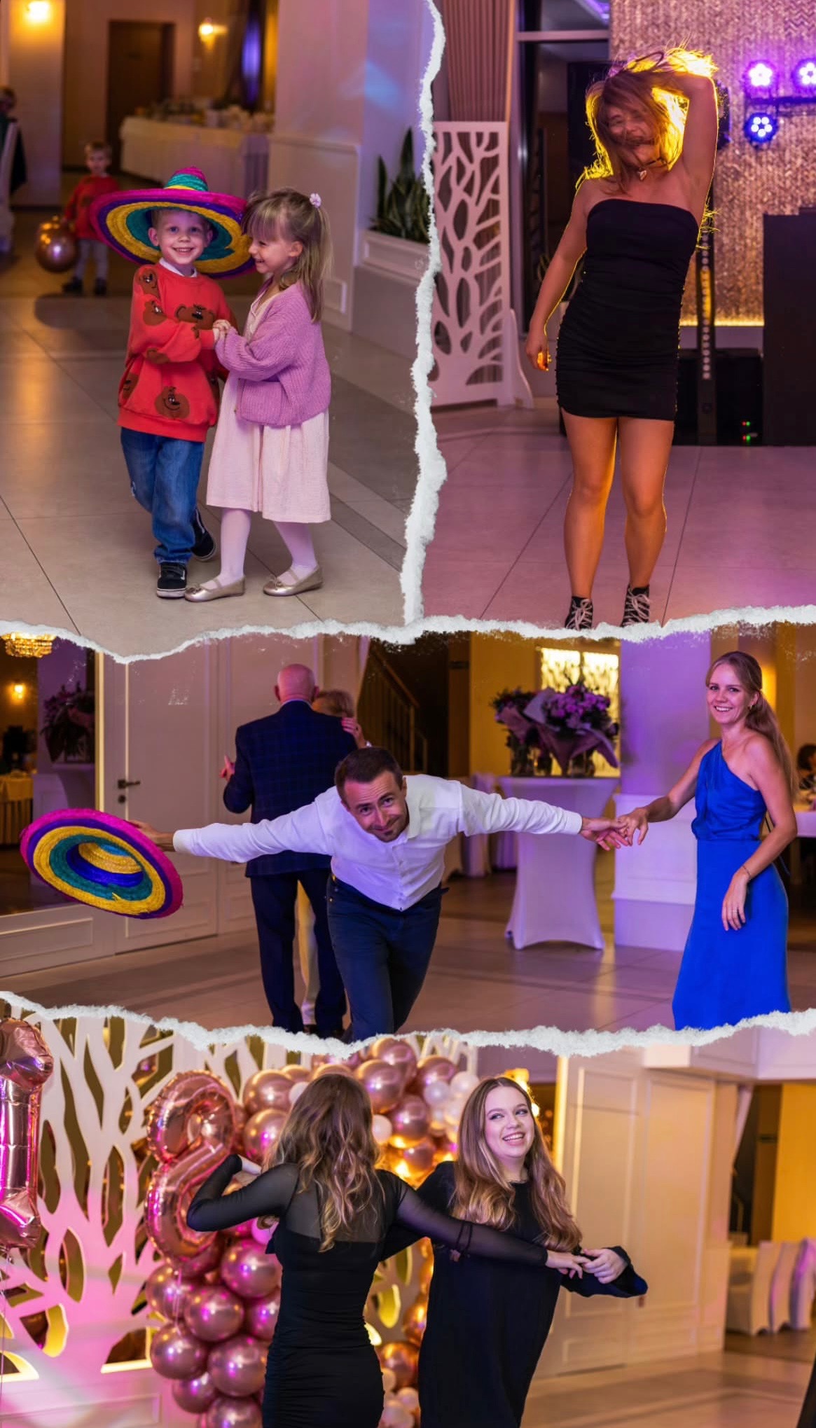 Kolaż zdjęć z imprezy: dzieci w sombrero, tańcząca kobieta w czarnej sukience, para tańcząca w niebieskiej sukni i dwie kobiety tańczące przed balonami.