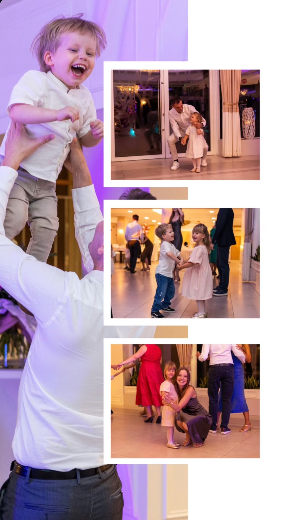 Kolaż zdjęć z imprezy rodzinnej: tata podrzuca synka, para tańczy, dzieci trzymają się za ręce, mama obejmuje córkę. Ciepłe oświetlenie, radosna atmosfera.