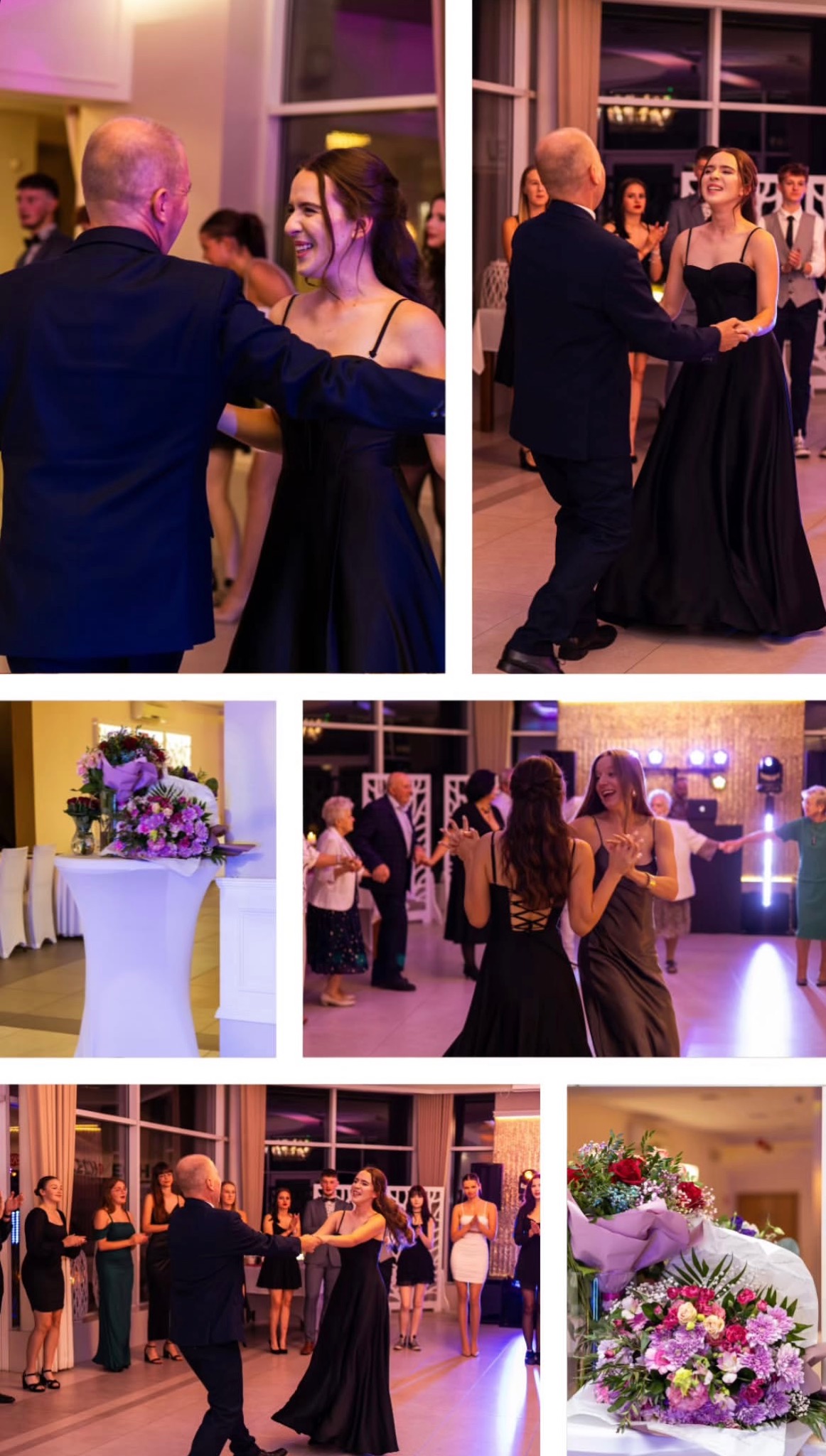 Uśmiechnięta dziewczyna w czarnej sukni tańczy z mężczyzną na tle sali balowej. Widoczne dekoracje kwiatowe i bawiący się goście.