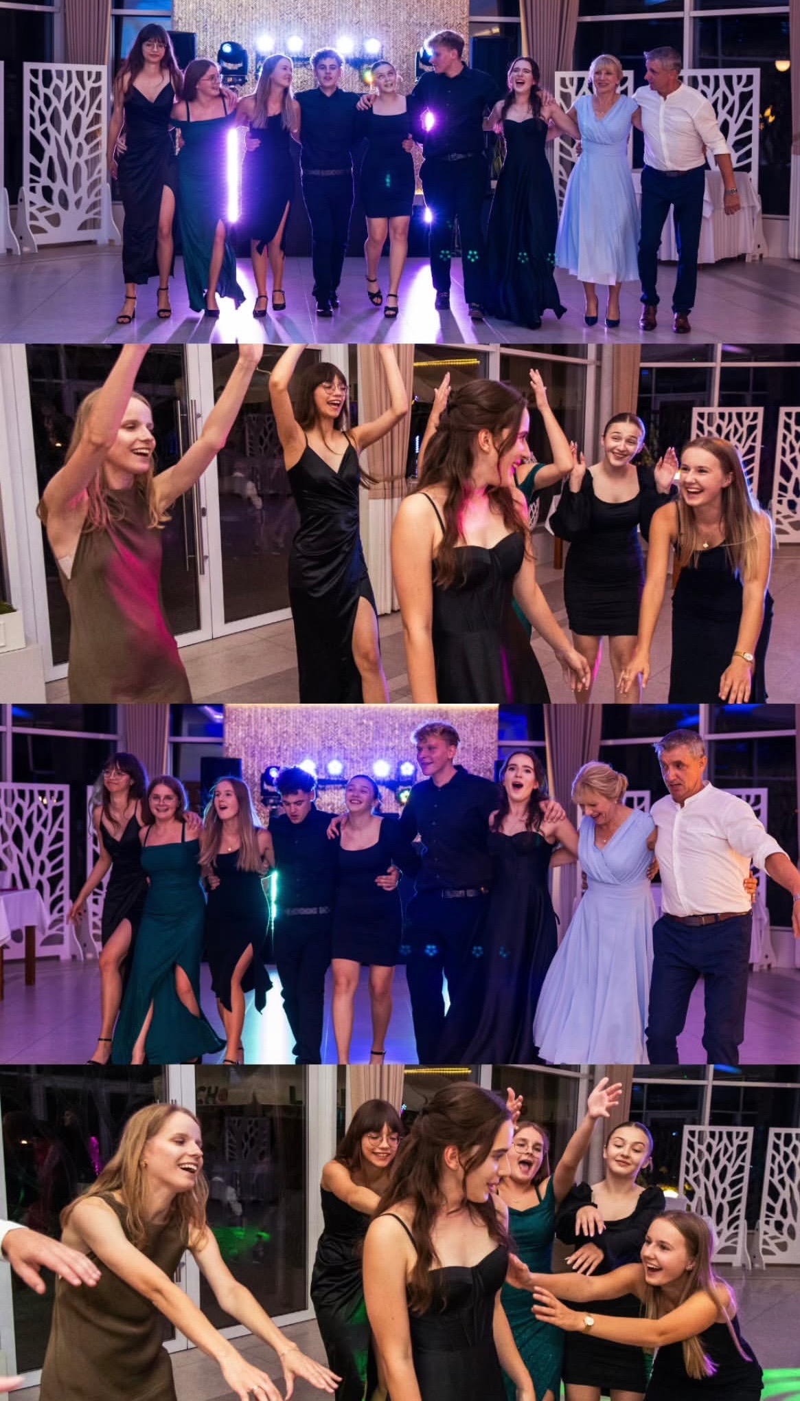 Radosna grupa młodych ludzi w eleganckich strojach tańczy na sali balowej. Uśmiechnięte twarze, dynamiczne pozy, dekoracje świetlne i białe, ażurowe ścianki w tle.