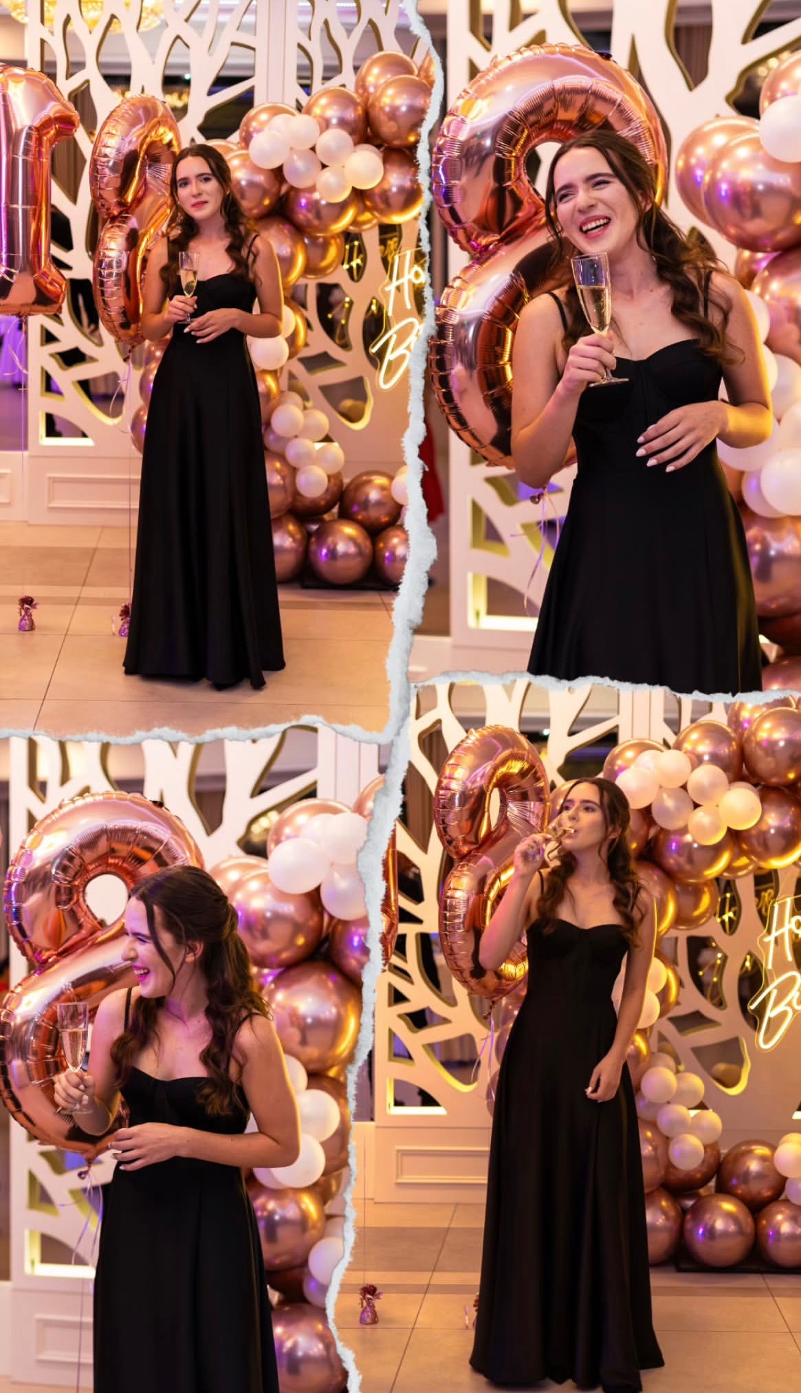Kolaż z sesji urodzinowej: kobieta w czarnej sukni z szampanem, na tle dekoracji z balonów w odcieniach różu i bieli, z neonowym napisem 'Happy Birthday'.