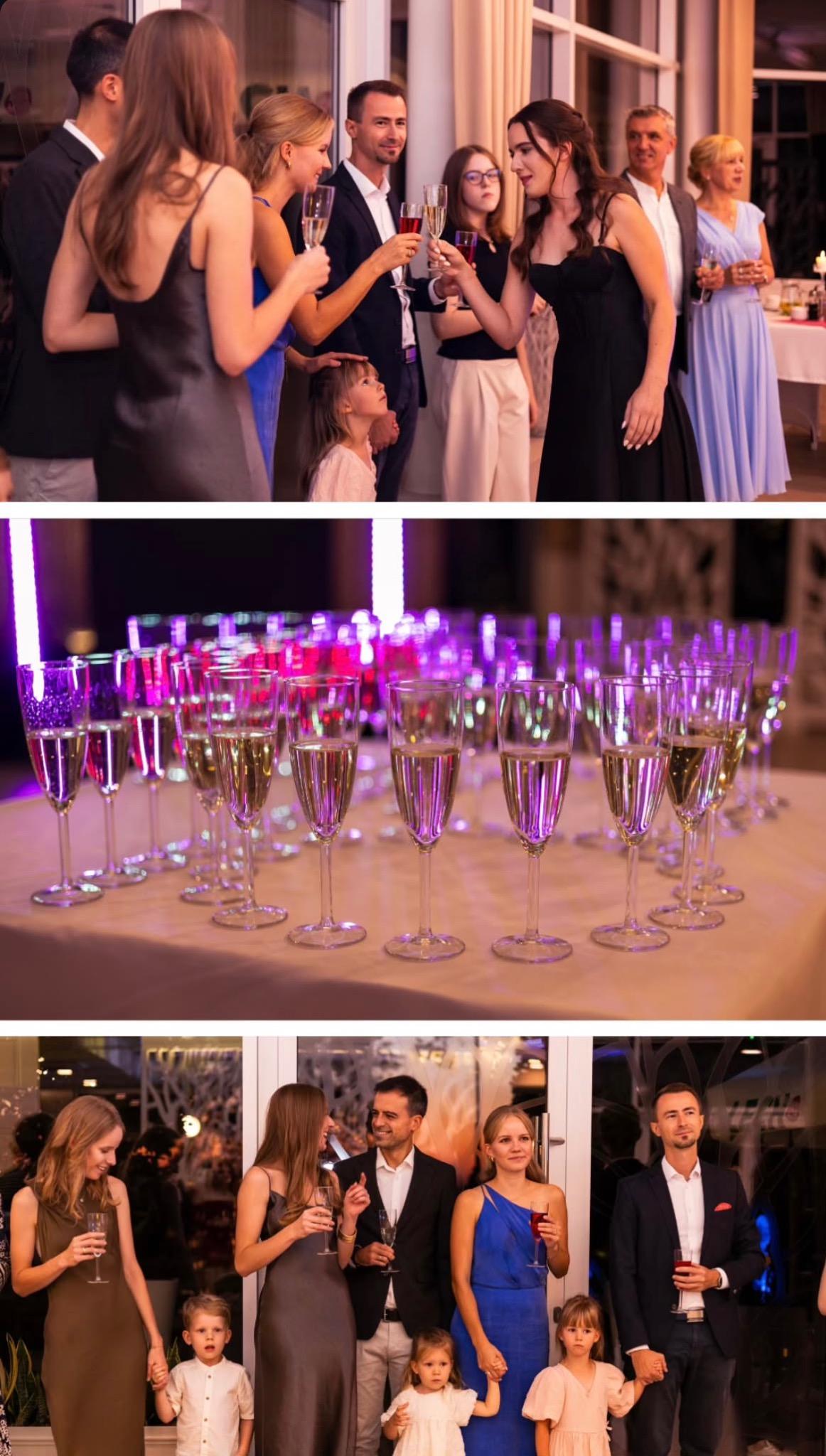 Uroczystość z toastami: goście w eleganckich strojach wznoszą kieliszki. Stół z rzędami kieliszków podświetlonych fioletowym światłem. Rodzinne ujęcie z dziećmi.