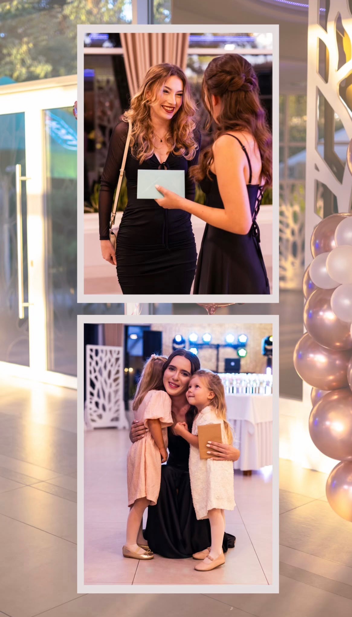 Kolaż dwóch ujęć: wręczanie koperty i uśmiechnięta kobieta w czarnej sukni, obejmująca dwie małe dziewczynki na tle sali bankietowej z dekoracjami.