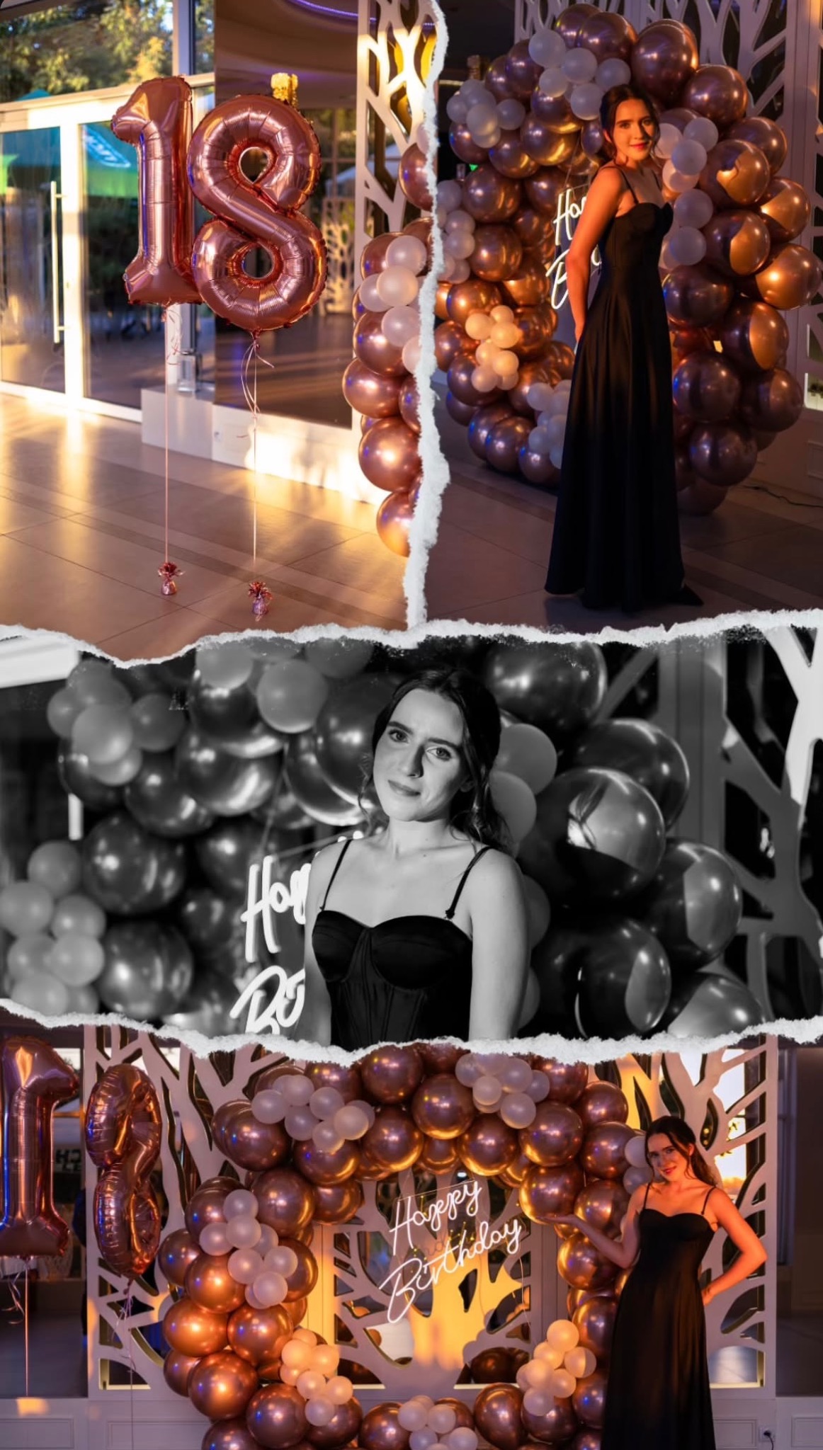Kolaż z osiemnastki: dekoracje balonowe w odcieniach różowego złota, neonowy napis 'Happy Birthday' i portret kobiety w czarnej sukience na tle dekoracji.