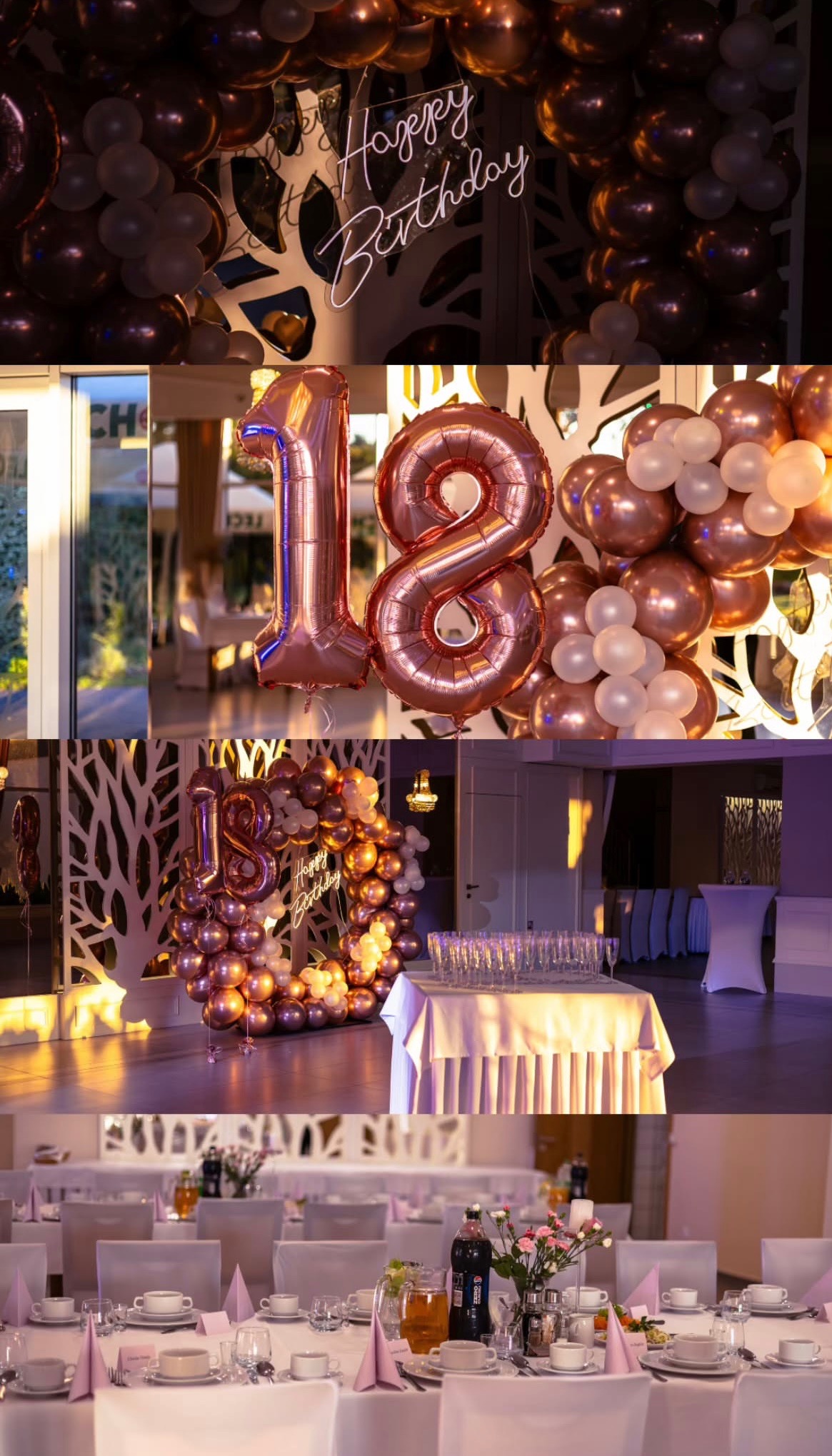 Dekoracja sali na 18 urodziny: balony w kolorze różowego złota, napis 'Happy Birthday', eleganckie nakrycie stołów. Uroczysty wystrój.