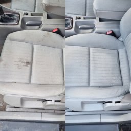 PRESTIGE PRANIE - Czyszczenie tapicerek samochodowych oraz wykładzin i dywanów - Tapicerka samochodowa przed i po czyszczeniu: widoczne plamy i zabrudzenia usunięte, odświeżony wygląd wnętrza pojazdu.