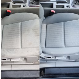 PRESTIGE PRANIE - Czyszczenie tapicerek samochodowych oraz wykładzin i dywanów - Tapicerka samochodowa przed i po praniu. Widoczne zabrudzenia na fotelu kierowcy, które zostały usunięte po profesjonalnym czyszczeniu. Efekt 'przed i po' na jednym zdjęciu.