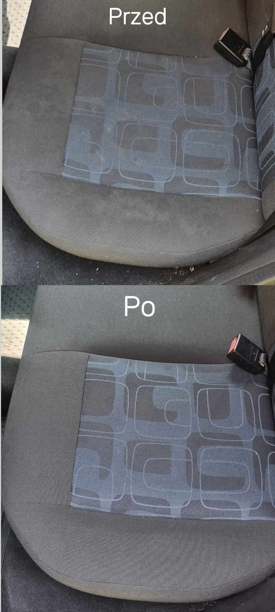 Tapicerka samochodowa przed i po czyszczeniu. Widoczne różnice w zabrudzeniach na ciemnej tkaninie z wzorem.