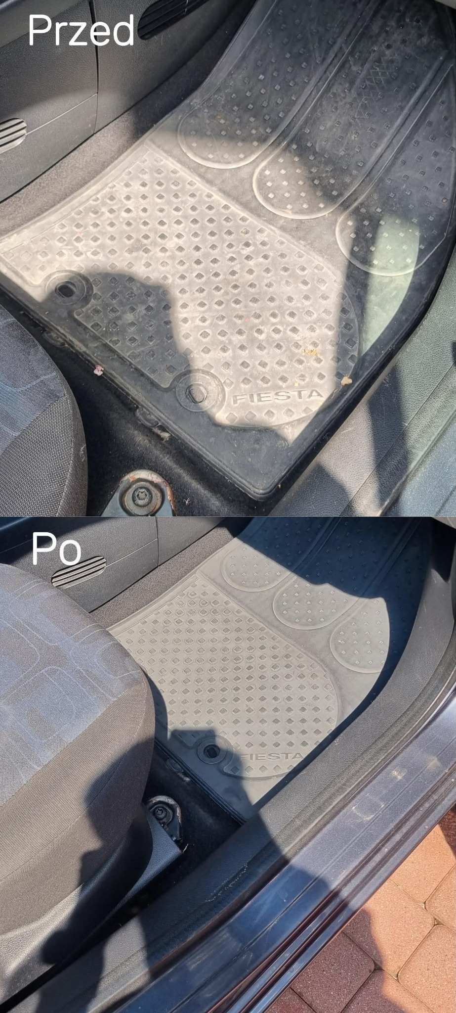 Zdjęcie typu 'przed i po' przedstawia czyszczenie gumowego dywanika samochodowego Ford Fiesta. Górna część ukazuje brudny dywanik, dolna - ten sam dywanik po czyszczeniu.