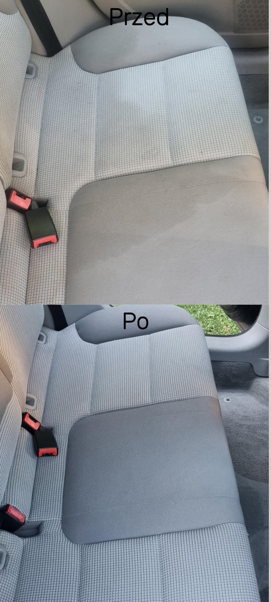 Tapicerka samochodowa przed i po czyszczeniu, widoczne różnice w odcieniu i czystości materiału. Zapięcie pasów bezpieczeństwa w kadrze.