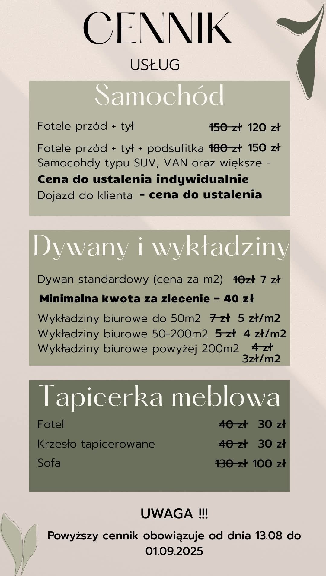 Cennik usług: pranie tapicerki samochodowej, dywanów i mebli tapicerowanych. Aktualne ceny foteli, dywanów, sof i wykładzin biurowych. Ważność cennika do 01.09.2025.