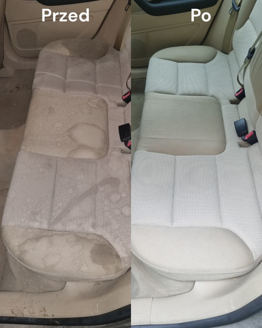 Tapicerka samochodowa 'przed' z plamami i 'po' czyszczeniu, ukazująca wyraźną różnicę w wyglądzie i czystości materiału. Widoczny fragment wnętrza pojazdu.