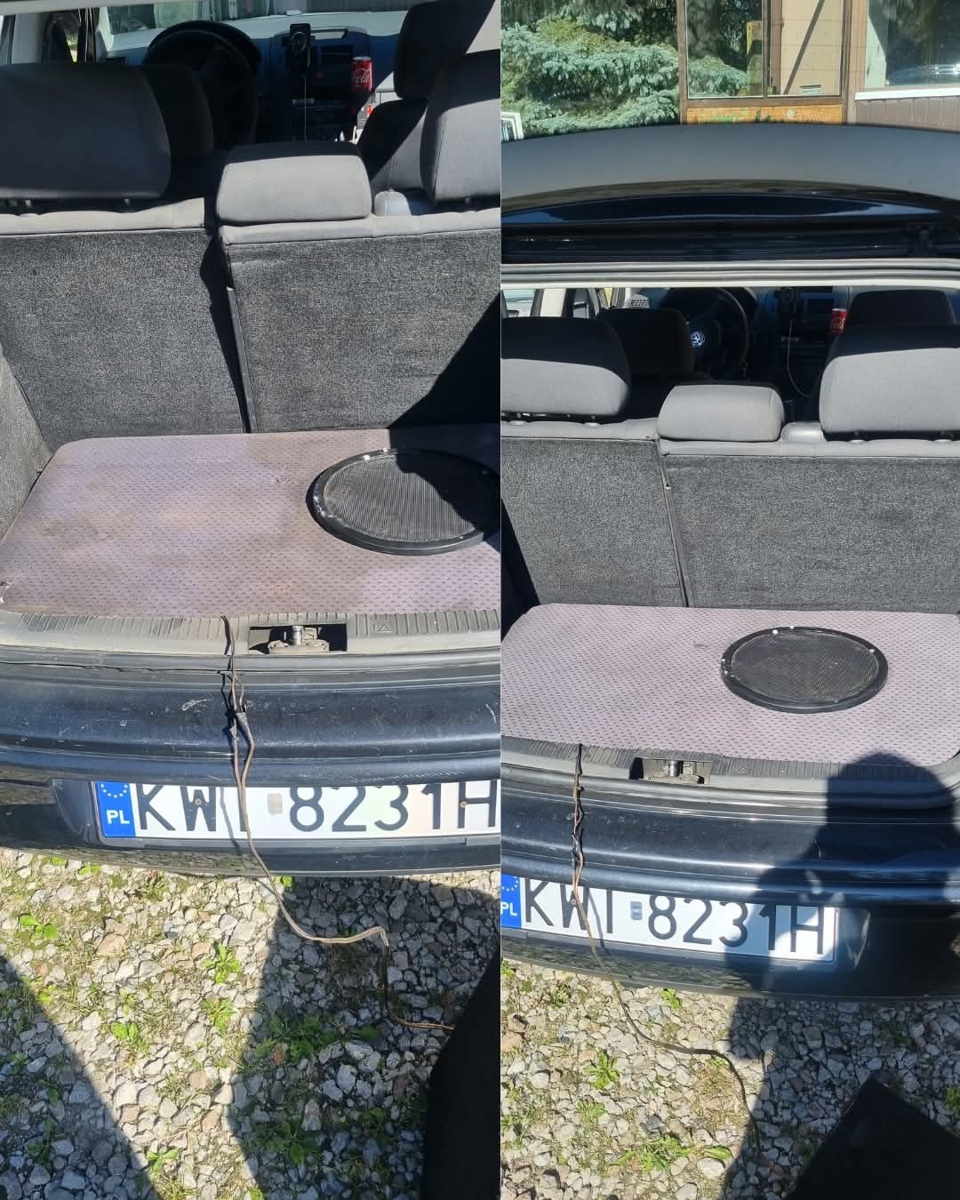 Zdjęcie bagażnika samochodowego przed i po czyszczeniu, z widoczną różnicą w wyglądzie dywanika i tapicerki. Subwoofer w bagażniku. Tablica rejestracyjna KWI 8231H.