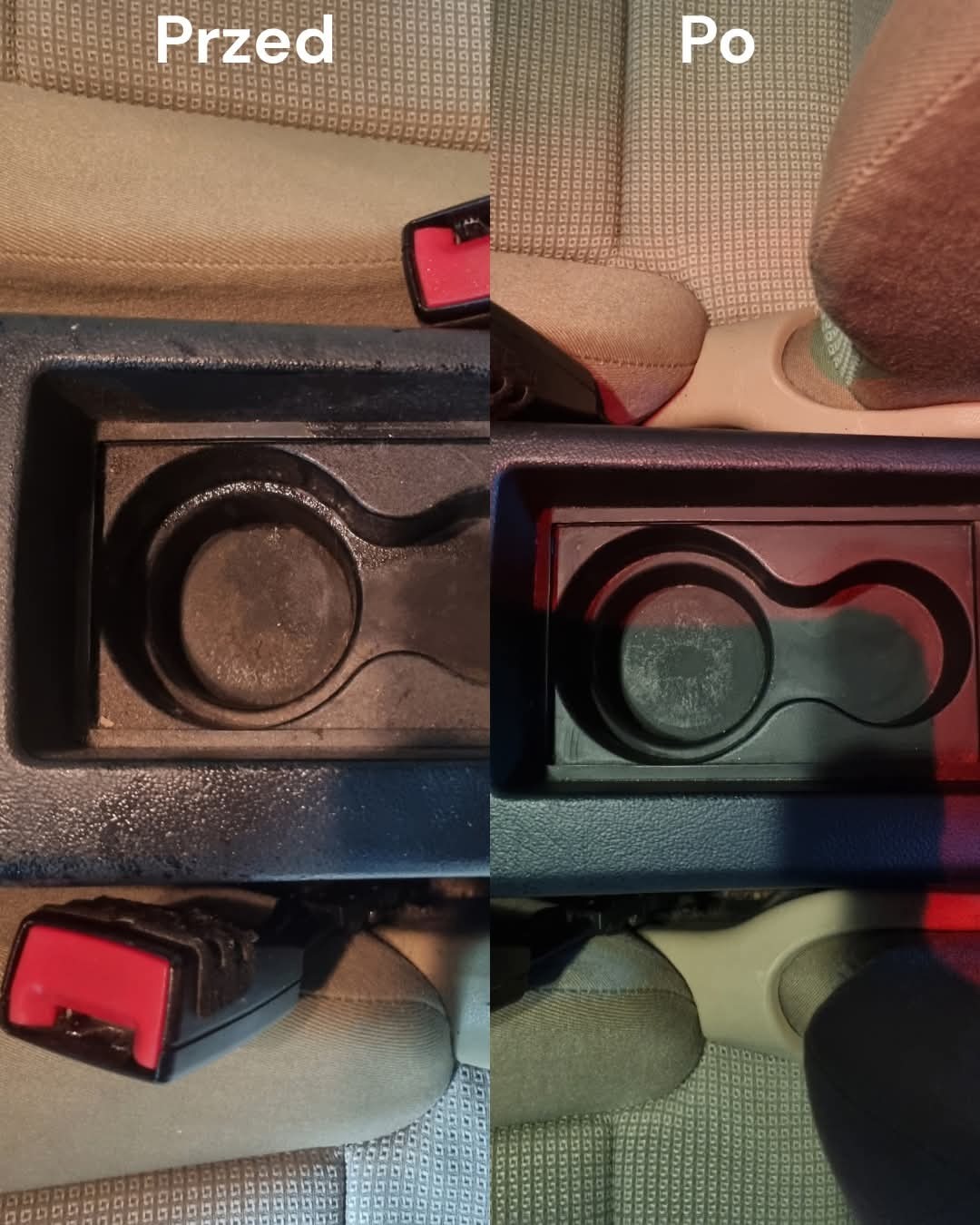 Tapicerka samochodowa i uchwyt na napoje przed i po czyszczeniu. Widoczne różnice w czystości i odświeżonym wyglądzie materiału.