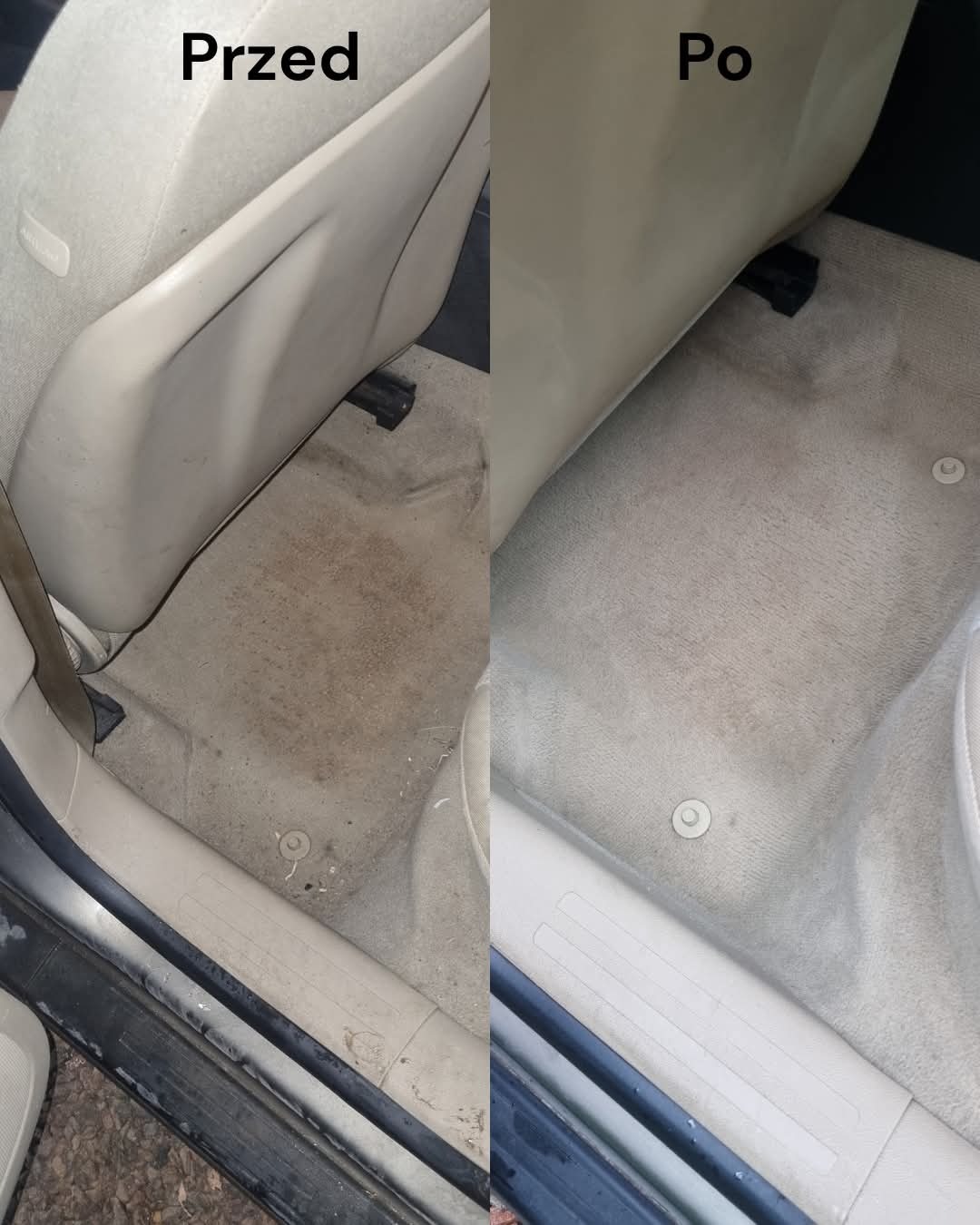 Tapicerka samochodowa przed i po czyszczeniu: po lewej widoczny brud, po prawej czysta, jasna powierzchnia. Efekt prania tapicerki, wnętrze auta.
