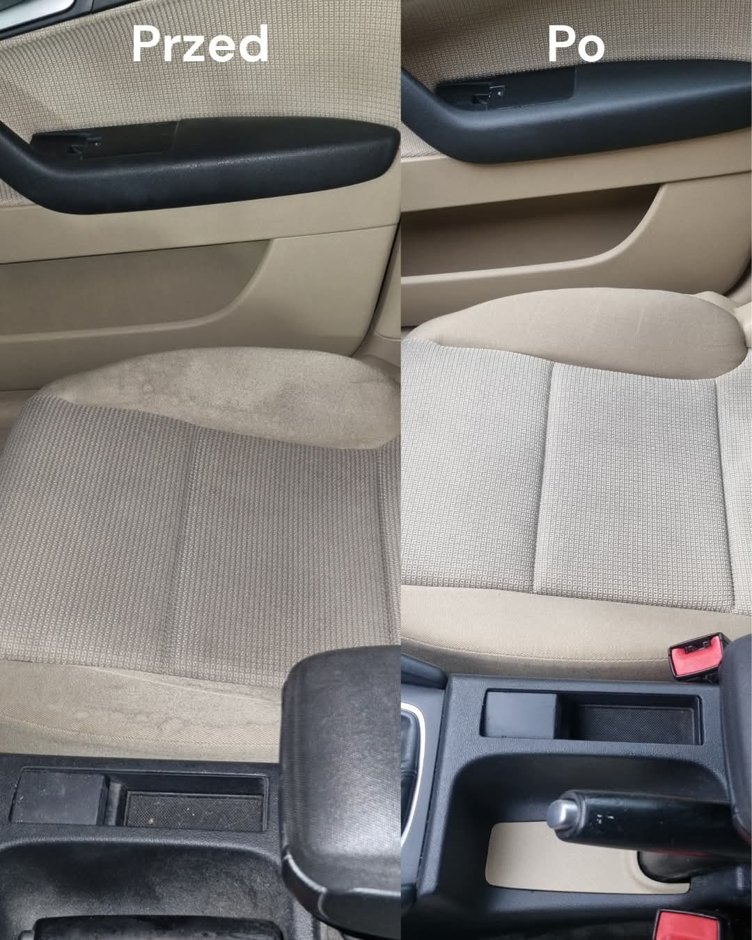 Tapicerka samochodowa przed i po czyszczeniu: fotel, boczek drzwi i konsola środkowa. Widoczna różnica w czystości materiału.