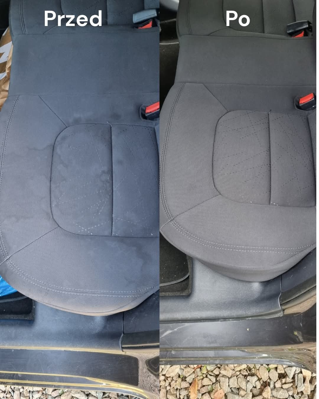 Tapicerka samochodowa: widok przed i po czyszczeniu. Po lewej stronie widoczne plamy, po prawej czysta, odświeżona powierzchnia. Kontrastowe ujęcie efektu prania.