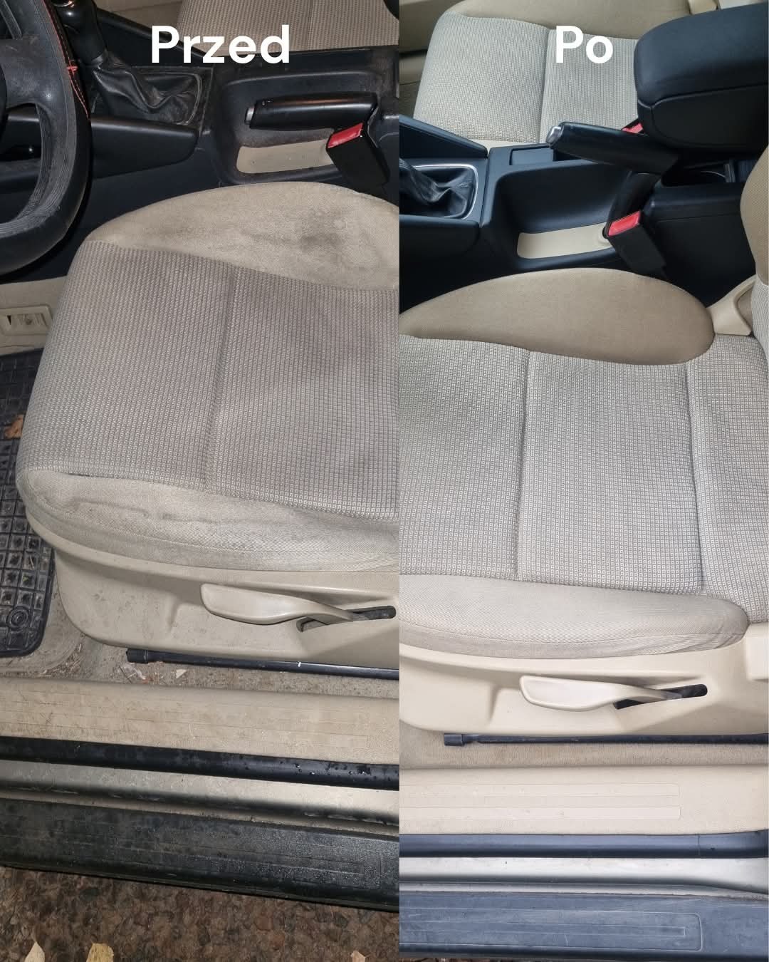 Tapicerka fotela samochodowego: widoczna różnica przed i po czyszczeniu. Po lewej stronie zabrudzone, po prawej czyste, jaśniejsze. Ujęcie z bliska, wnętrze pojazdu.