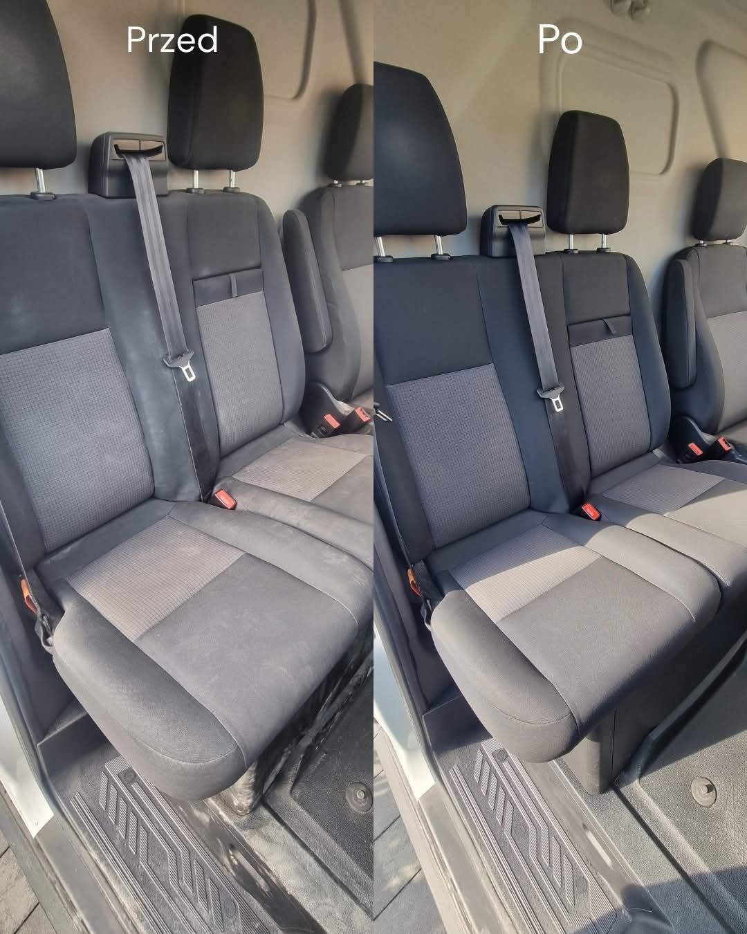 Tapicerka samochodowa busa przed i po czyszczeniu. Widoczna różnica w odcieniu szarości i usunięte zabrudzenia. Efekt prania tapicerki.