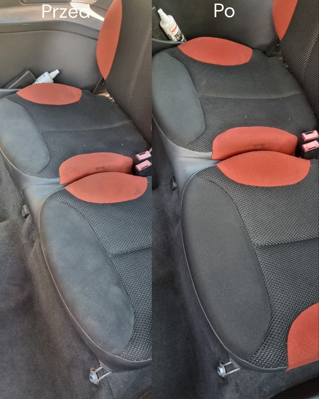 Tapicerka samochodowa w odcieniach czerni i czerwieni, ujęcie 'przed i po' czyszczeniu. Widoczne różnice w intensywności koloru i usunięciu zabrudzeń.