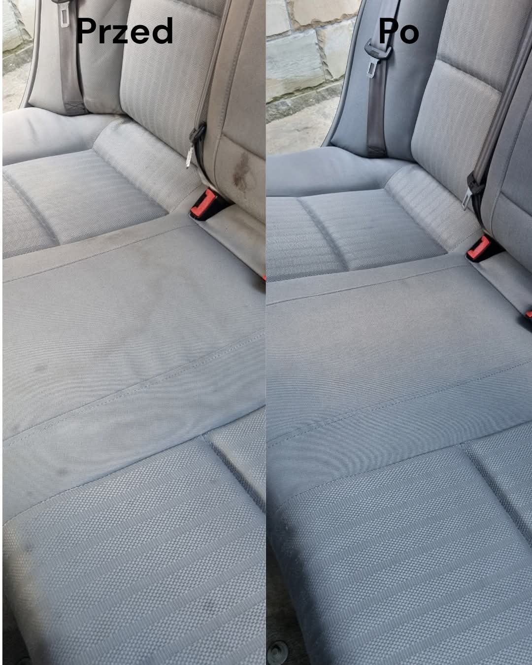 Tapicerka samochodowa: widok przed i po czyszczeniu. Po lewej stronie widoczne zabrudzenia, po prawej tapicerka odzyskuje świeży, czysty wygląd.