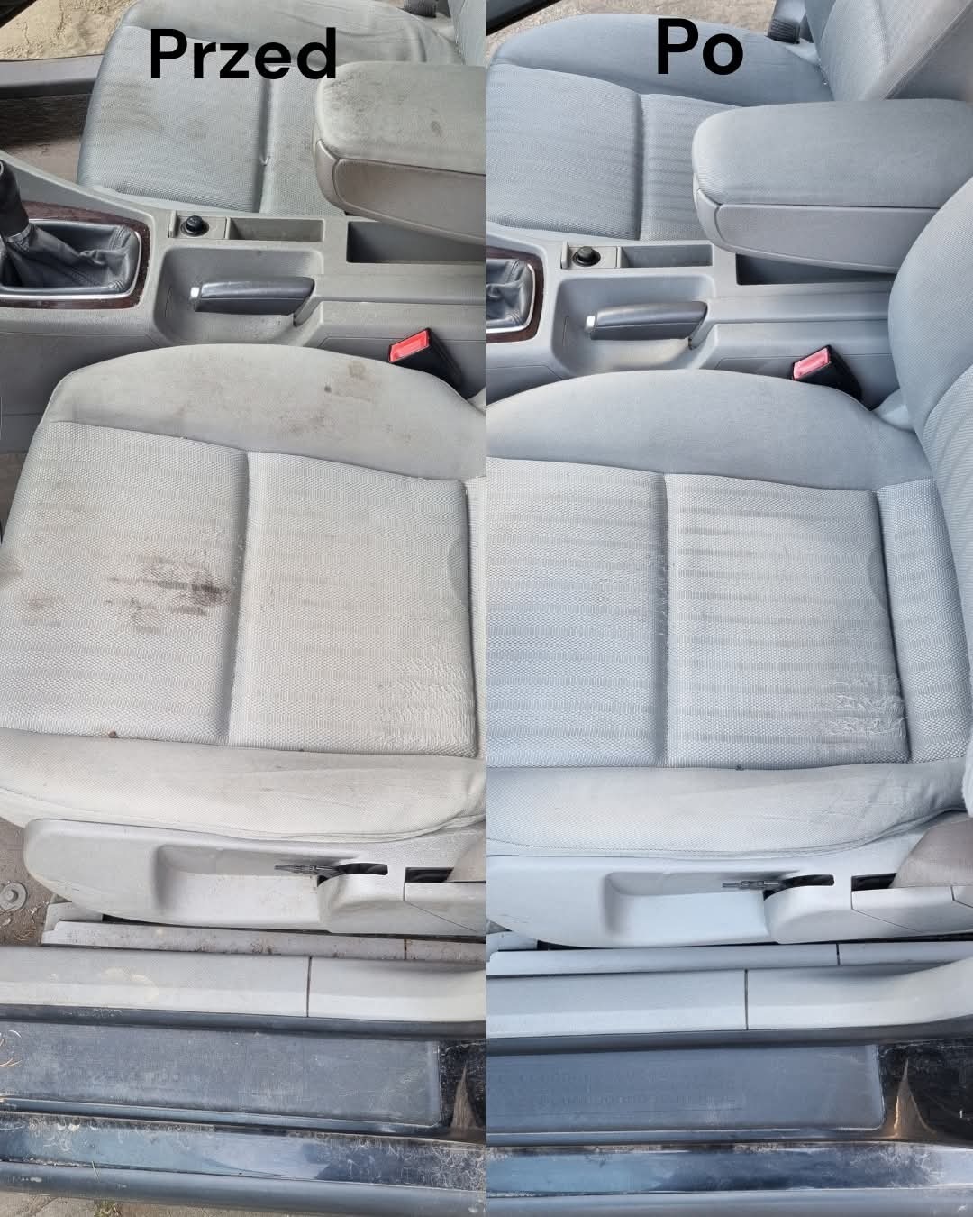 Tapicerka samochodowa przed i po czyszczeniu: widoczne plamy i zabrudzenia usunięte, odświeżony wygląd wnętrza pojazdu.