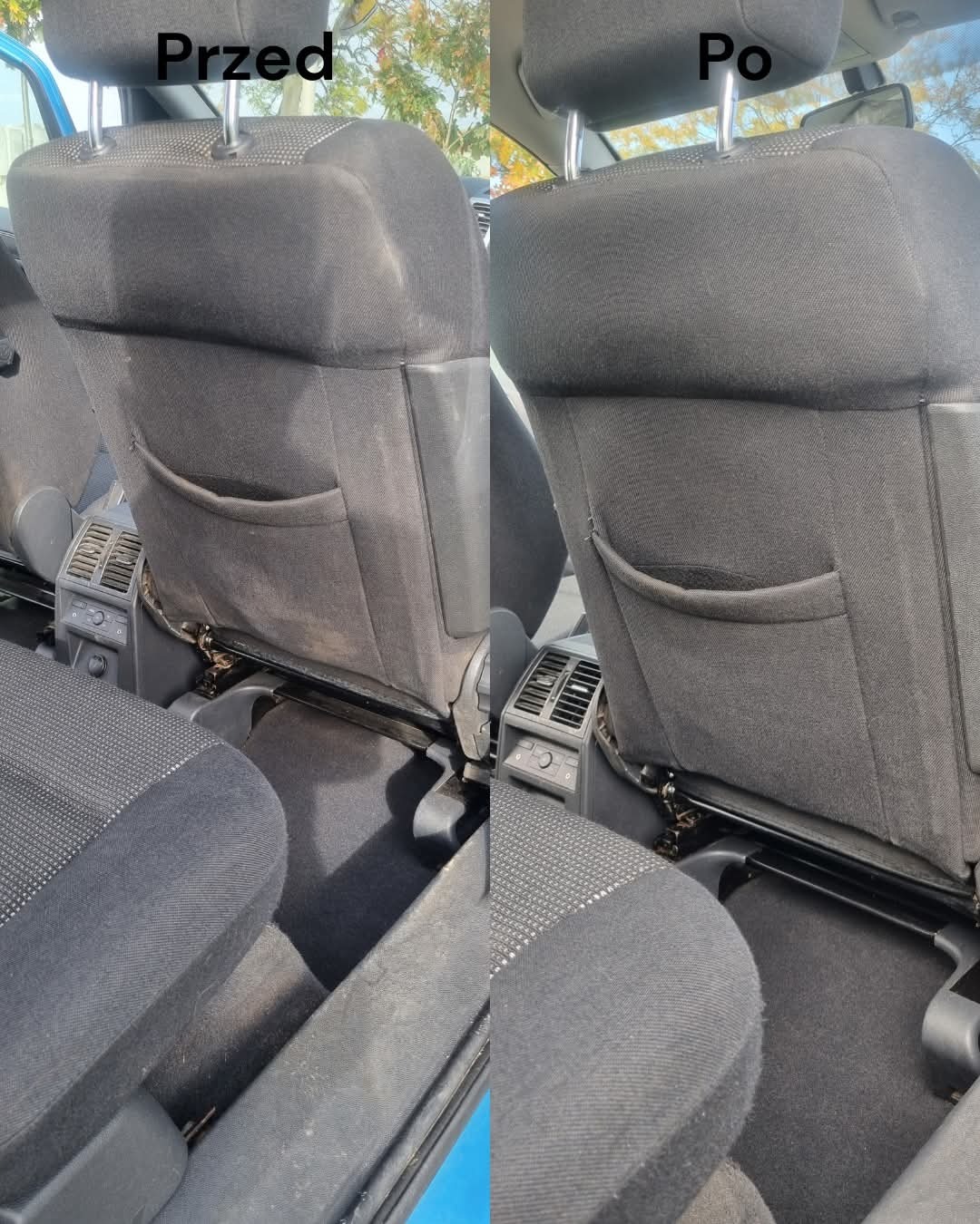 Tapicerka samochodowa: fotel przed i po czyszczeniu. Widoczne różnice w czystości i odświeżeniu materiału. Ujęcie z wnętrza pojazdu, skupione na tylnej części fotela.
