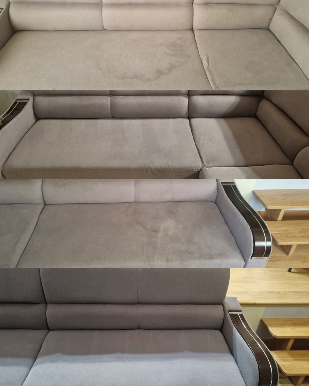 Beżowa kanapa narożna: góra z plamą, dół po czyszczeniu, ukazujący różnicę w odcieniu i brak zabrudzeń. Widoczne drewniane elementy wykończenia.