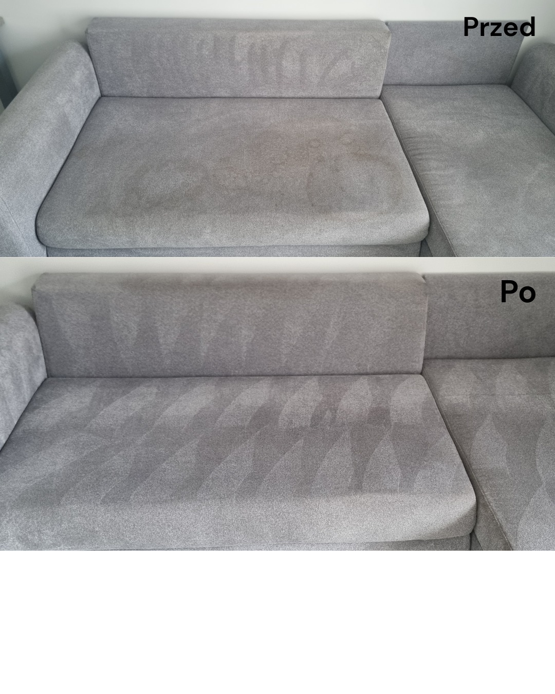 Szara kanapa narożna: u góry widok 'Przed' z widocznymi plamami, na dole 'Po' - czysta tapicerka z delikatnym wzorem po praniu ekstrakcyjnym.
