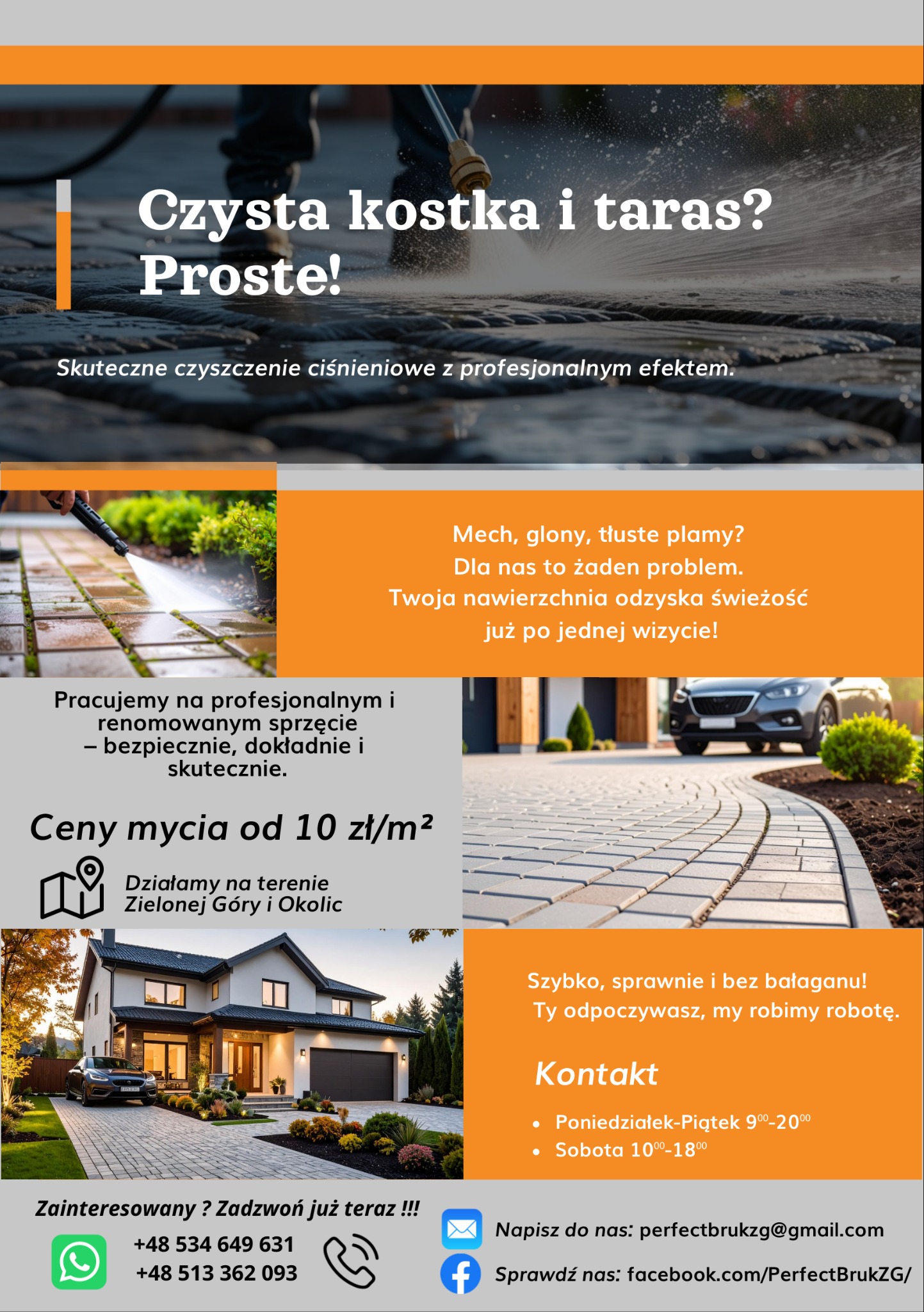 Mycie kostki brukowej pod ciśnieniem, woda rozpryskuje się na boki. Reklama firmy z Zielonej Góry oferującej czyszczenie kostki brukowej i tarasów.