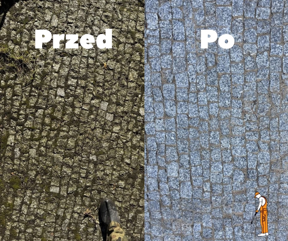 Kostka brukowa: widok przed i po czyszczeniu. Lewa strona brudna, porośnięta mchem, prawa strona czysta, szara. W rogu but i grafika osoby czyszczącej.