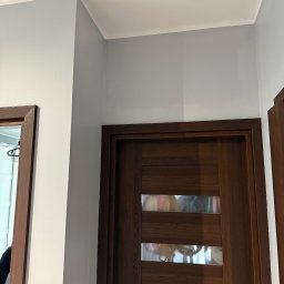 M&D Remont4everyone Mykola Petruniv - Wnętrze po malowaniu: szare ściany, biały sufit i drewniane drzwi z przeszkleniami. Widoczny fragment drugich drzwi z lustrem.