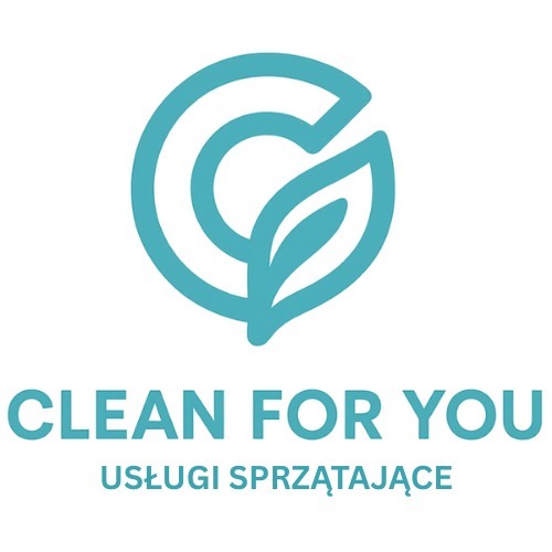 Turkusowe logo firmy sprzątającej 'Clean for You' z motywem liścia, na białym tle. Minimalistyczny design, nowoczesny font.