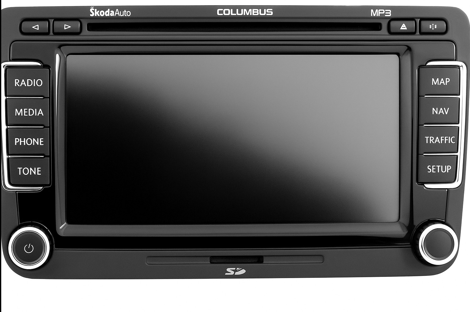 Radio samochodowe Skoda Columbus z panelem dotykowym i przyciskami funkcyjnymi. Widoczny slot na kartę SD i logo Skoda Auto. Czarny, błyszczący panel.
