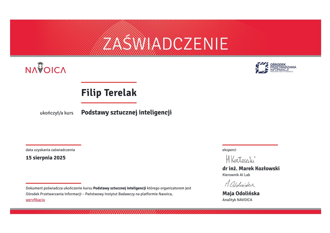 Zaświadczenie ukończenia kursu 'Podstawy sztucznej inteligencji' przez Filipa Terelaka, wydane przez Ośrodek Przetwarzania Informacji na platformie Navoica.