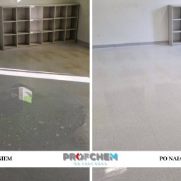 PROFCHEM Agnieszka Kozieł - Zdjęcie 'przed i po' czyszczenia podłogi z terazzo i nałożenia polimeru. Widoczne różnice w czystości i połysku. W tle regał z przegródkami.