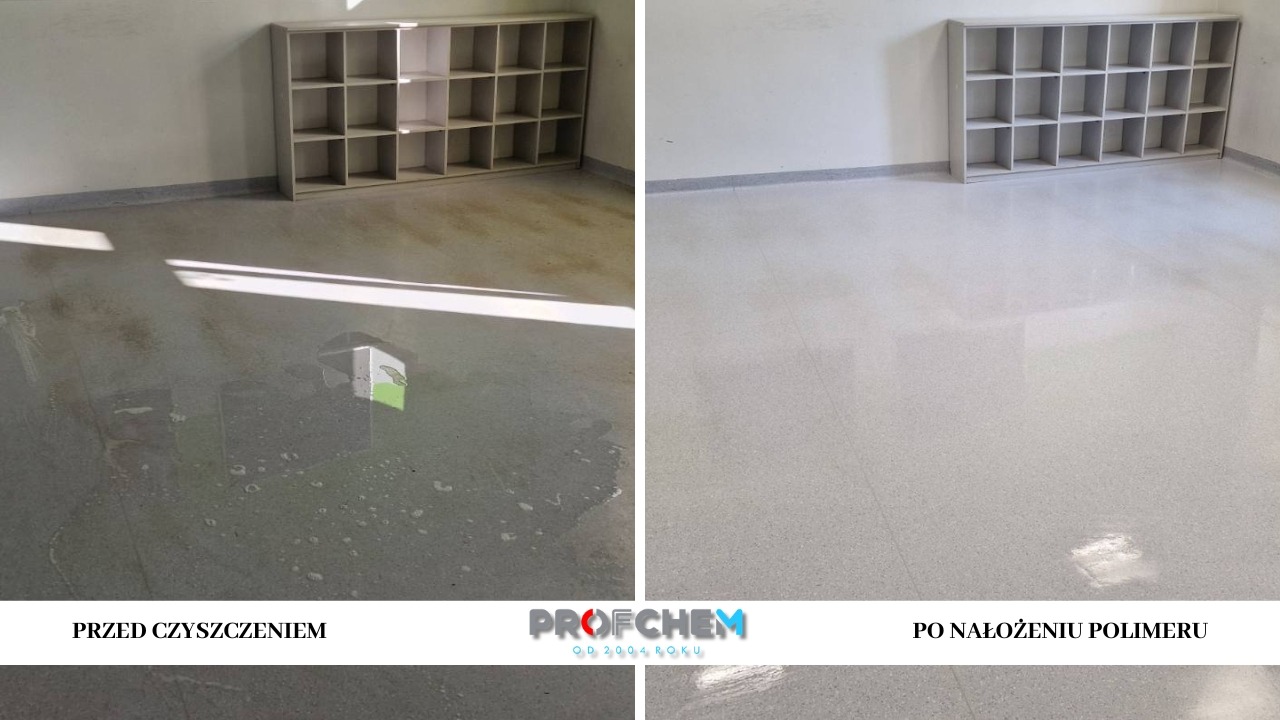 Zdjęcie 'przed i po' czyszczenia podłogi z terazzo i nałożenia polimeru. Widoczne różnice w czystości i połysku. W tle regał z przegródkami.