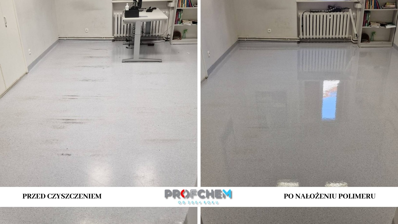 Zdjęcie 'przed i po' prezentujące efekt czyszczenia i nałożenia polimeru na podłogę w pomieszczeniu biurowym. Widoczne różnice w połysku i czystości.