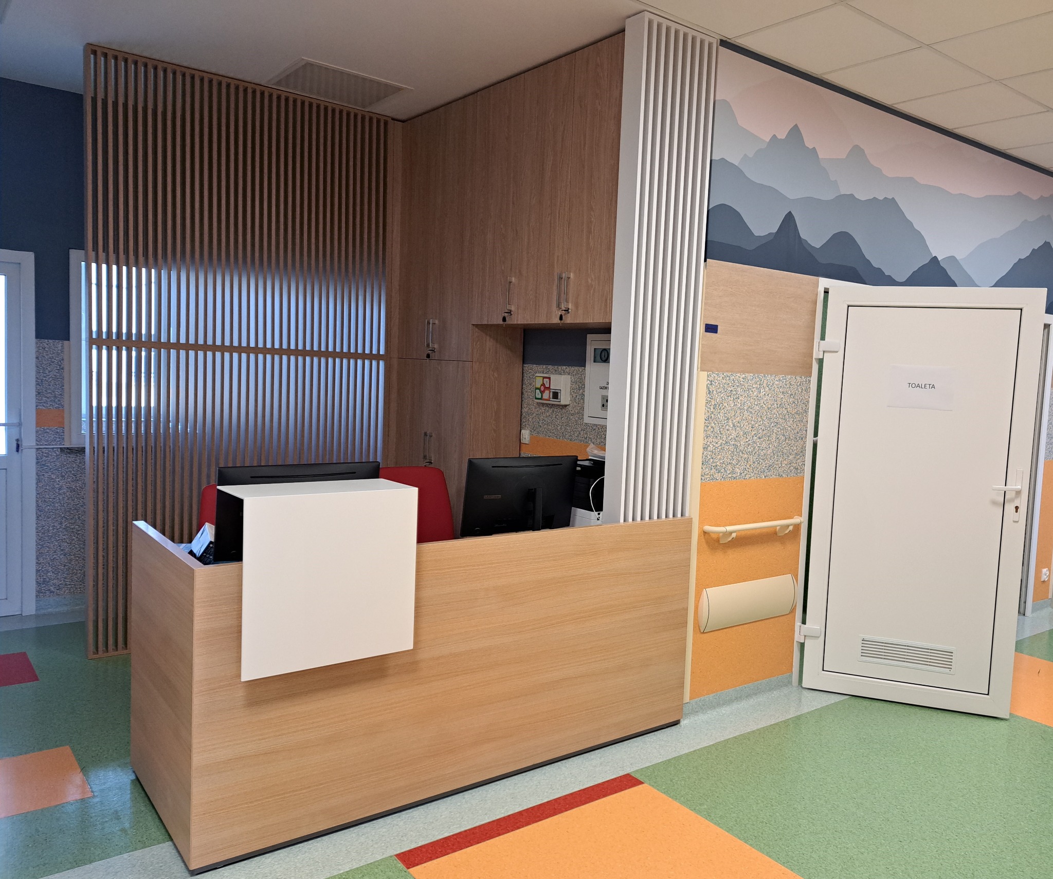 Recepcja z drewnianym blatem i białym panelem frontowym, oddzielona ażurową ścianką. W tle wzór gór na ścianie i drzwi.  Ujęcie z perspektywy lekko z dołu.