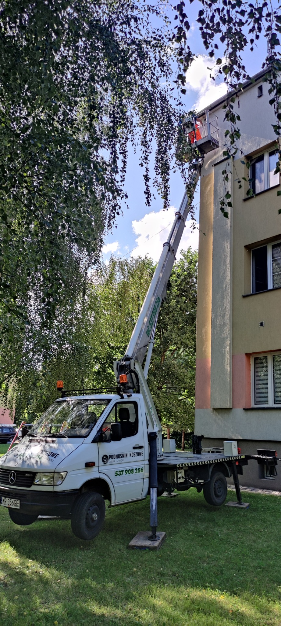 Praca wysokościowa: podnośnik koszowy Mercedes Sprinter z wysięgnikiem przy budynku, osoba w koszu przycina gałęzie drzewa. Dzień słoneczny, widok na zielone drzewa.