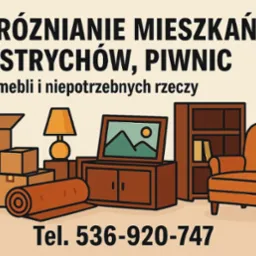 Ilustracja graficzna: Opróżnianie mieszkań, strychów, piwnic. Wywóz mebli i niepotrzebnych rzeczy. Kartony, meble, lampka i numer telefonu.