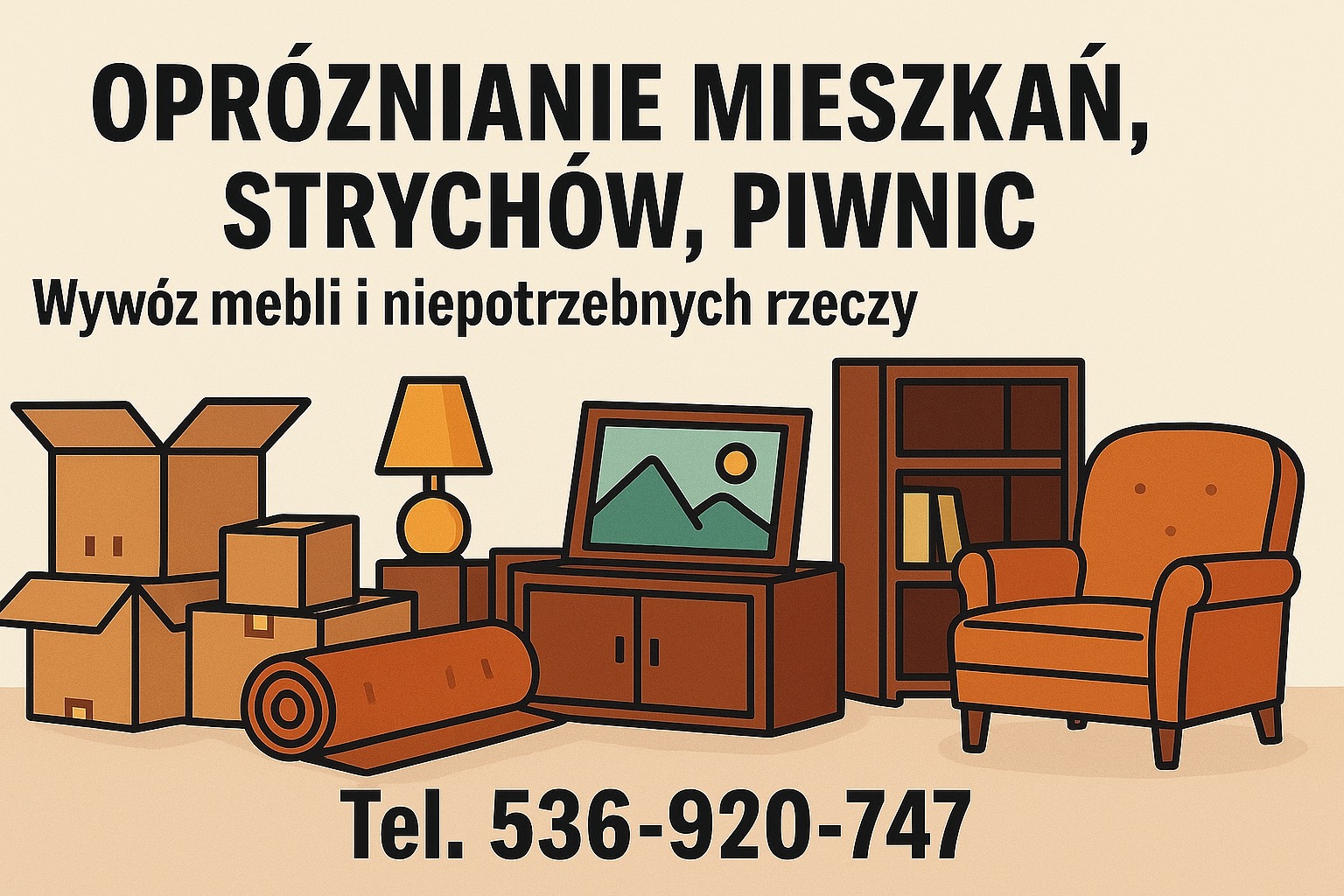 Ilustracja graficzna: Opróżnianie mieszkań, strychów, piwnic. Wywóz mebli i niepotrzebnych rzeczy. Kartony, meble, lampka i numer telefonu.